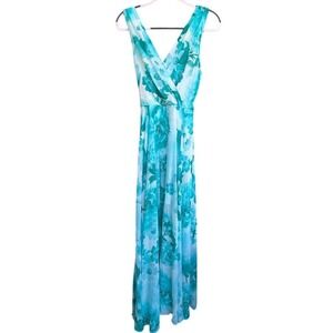 Teal White Floral Chiffon Maxi Dress Sleeveless V-Neck Surplice Wedding Guest